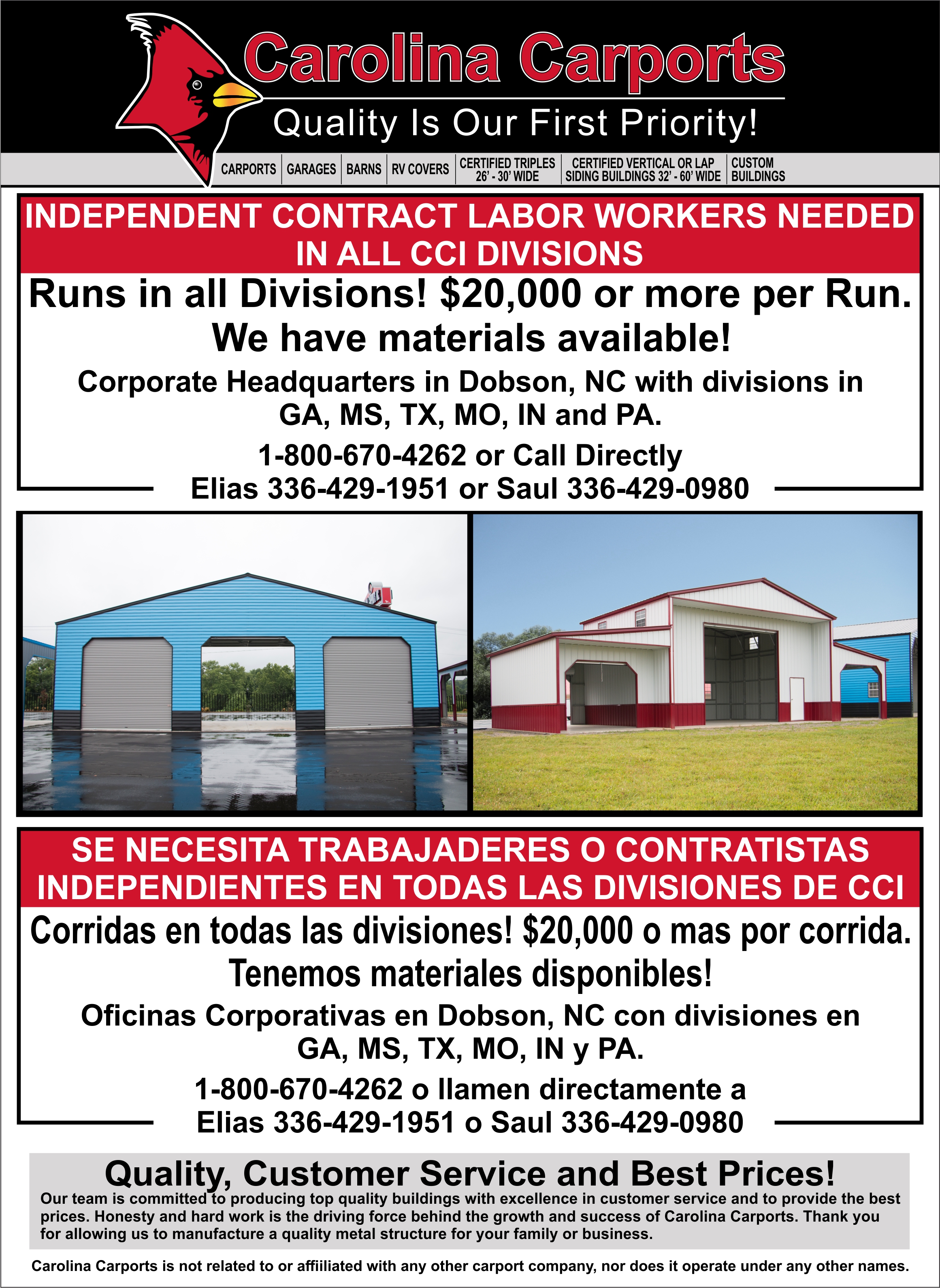 Independent Contractors Needed Carolina Carports