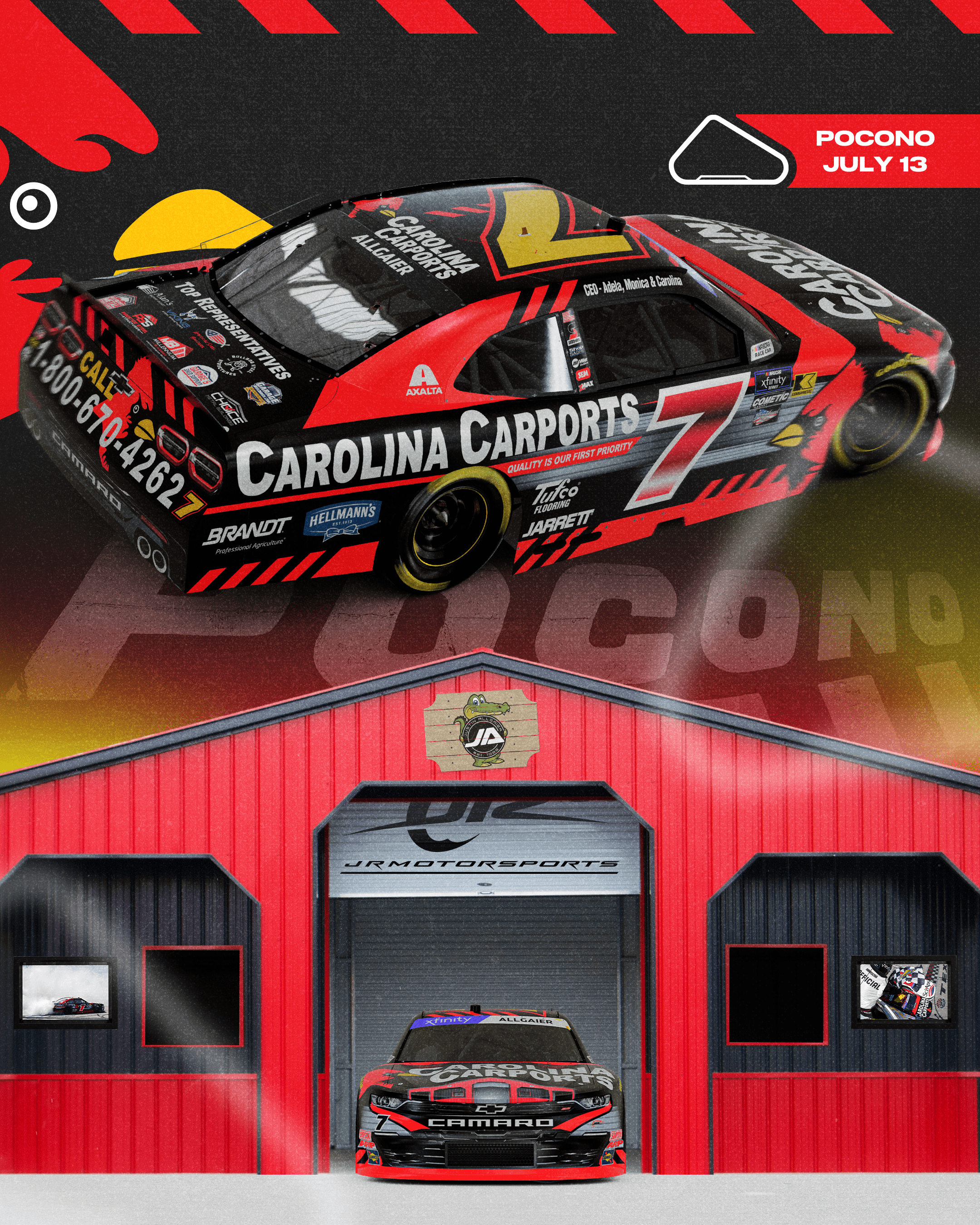 Carolina Carports paint scheme for pocono raceway driven by Justin Allgaier from JR Motorsports