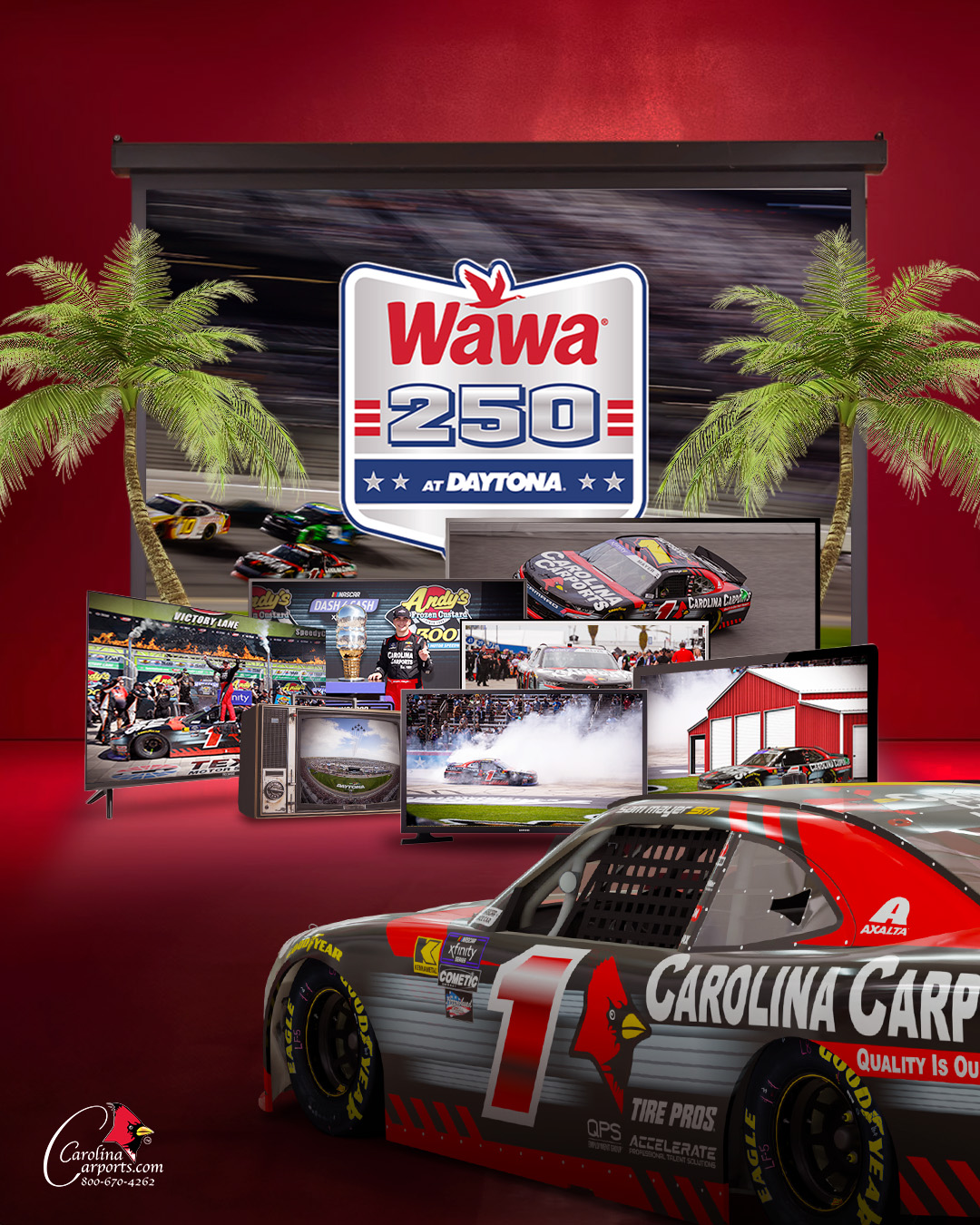 Sam Mayer's #1 Carolina Carports car with Wawa 250 logo and racing highlights in the background at Daytona.